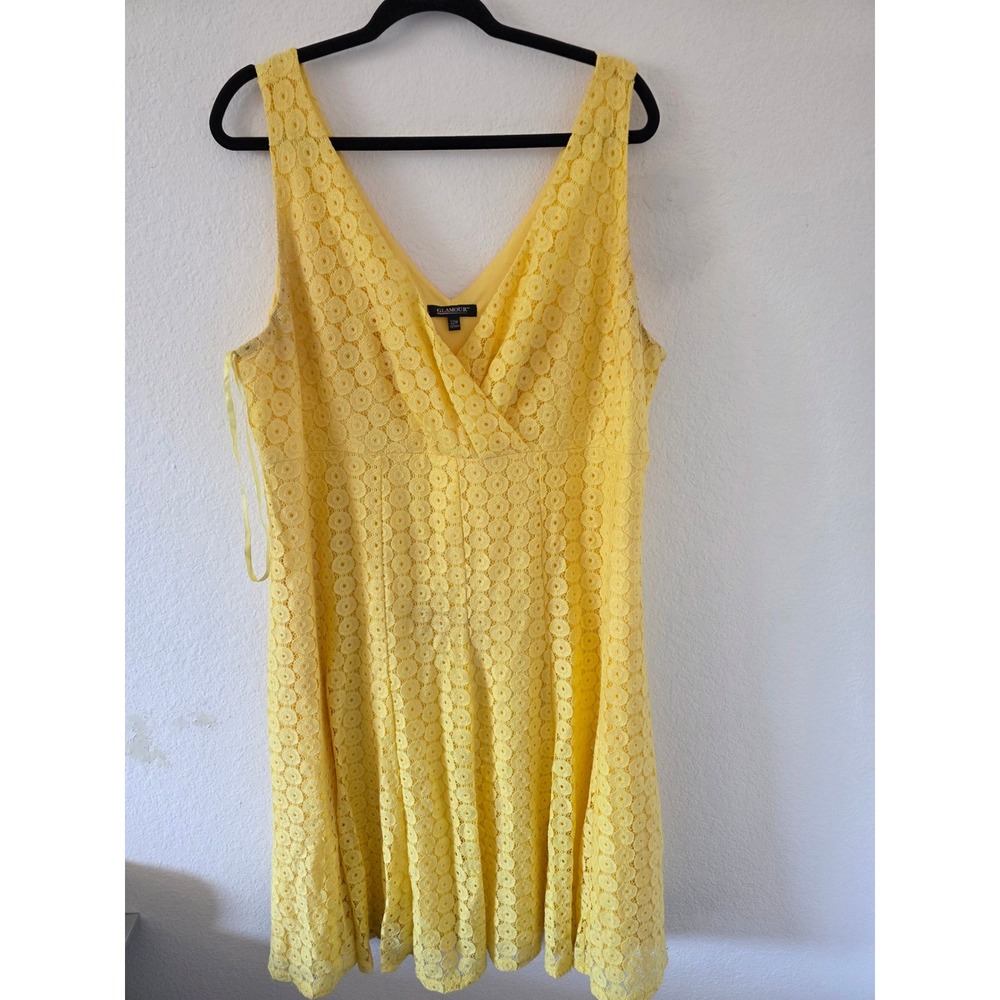 Glamour Womens 22W Yellow Lace V-Neck Sleeveless Fit & Flare Dress Plus Size